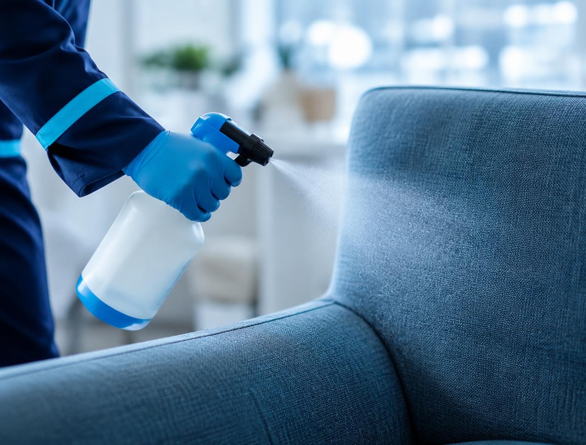 Aplicação de produto higienizante em poltrona estofada azul