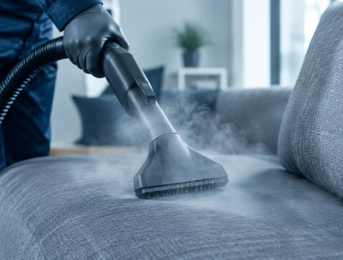 Bocal de vapor higienizando as fibras de um sofá cinza