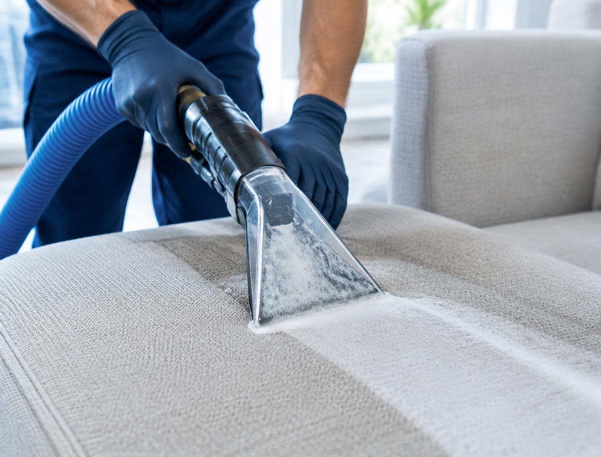 Equipamento de extração profissional limpando o assento de um sofá de tecido claro